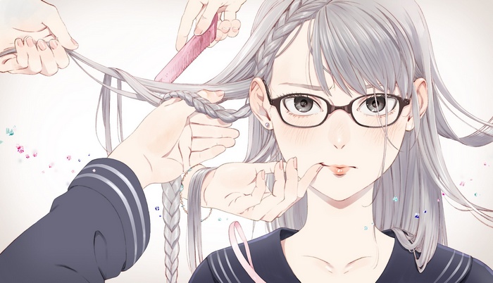Anime girl with glasses and braids being styled