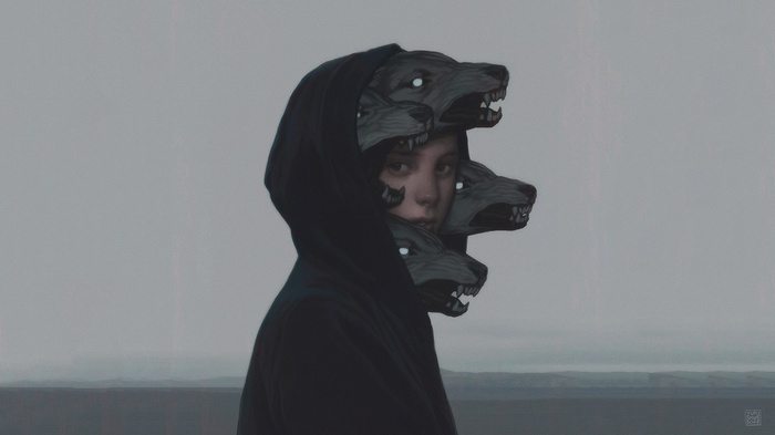Artwork of a girl with wolf heads emerging from her hood