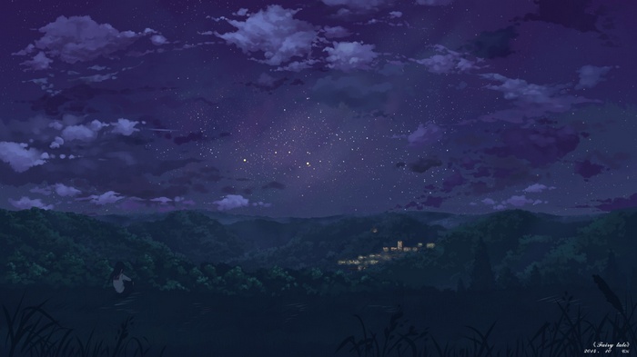 Anime landscape at night with stars and a village