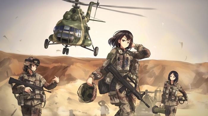 Anime soldiers and Mil Mi-17 helicopter in desert