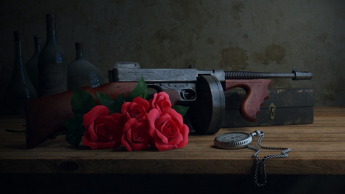 Thompson submachine gun with roses and pocket watch