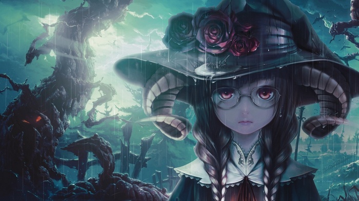 Anime girl with horns and glasses in a witch hat