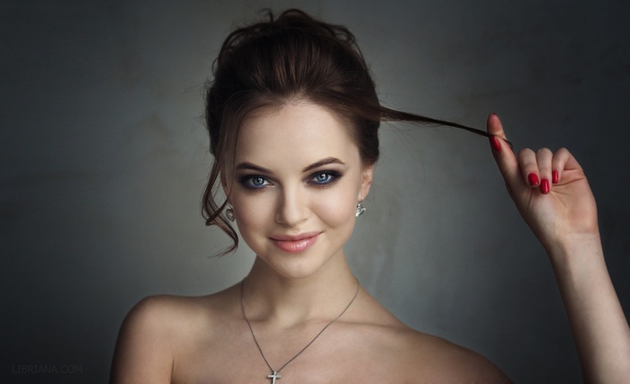 red nails, women, portrait, face, smoky eyes, smirk, brunette, blue eyes, Polina Bodrova, bare shoulders, Libriana