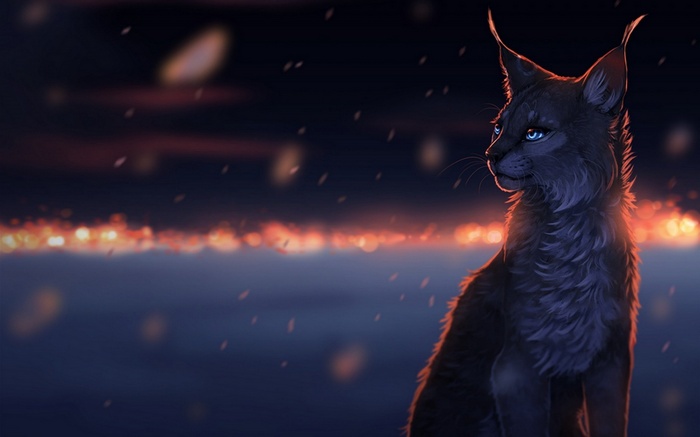 A lynx with blue eyes sits in the dark