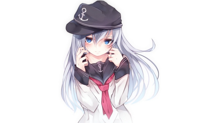 Anime girl with white hair and blue eyes wearing a sailor hat