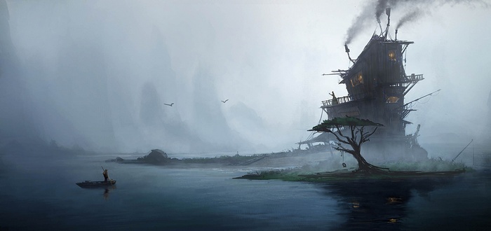 Fantasy art of a stilt house by the water