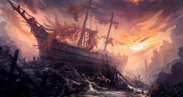 Fantasy art of a wrecked ship at sunset