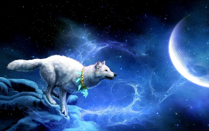 White wolf in space with a large moon