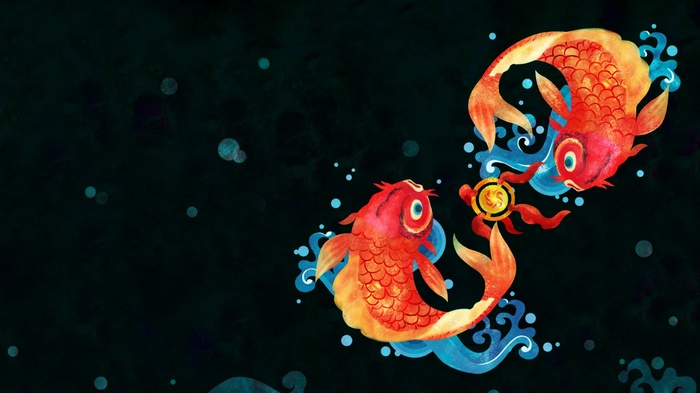 Two Chinese goldfish with a golden medallion