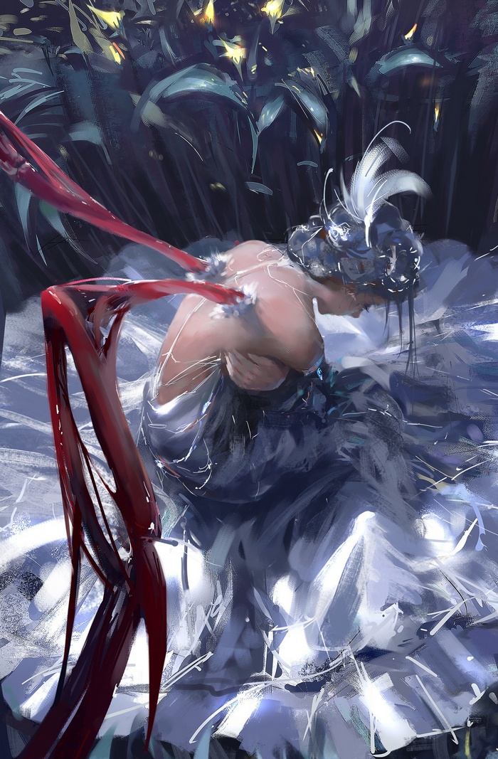 Woman with red tendrils and white feathers