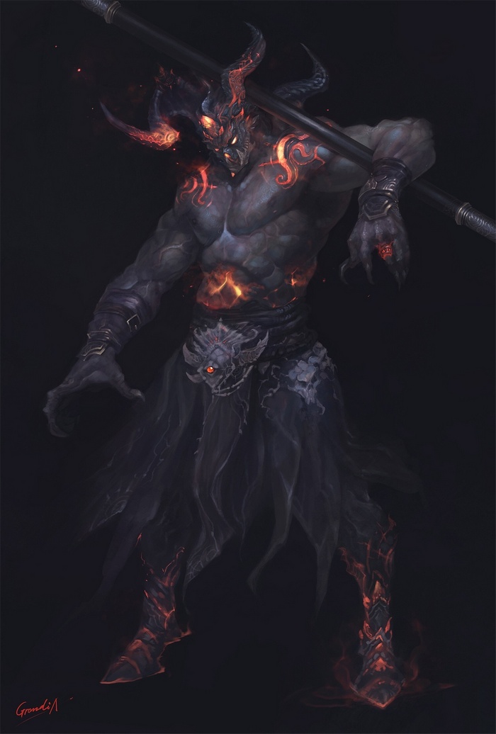 A demonic creature with horns and glowing embers