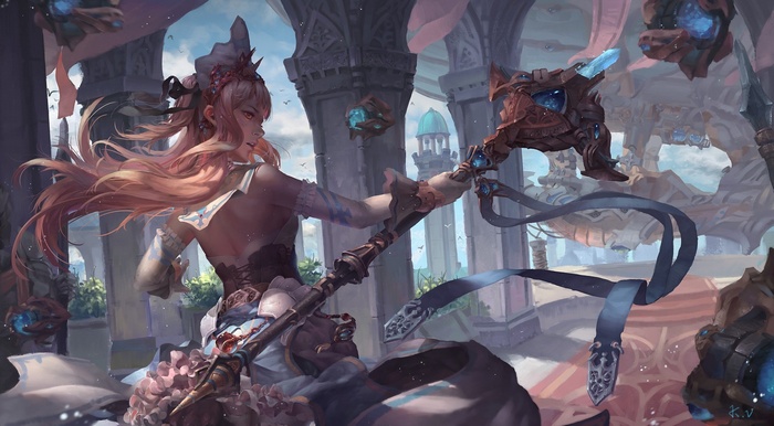 Fantasy warrior with a staff in ornate architecture