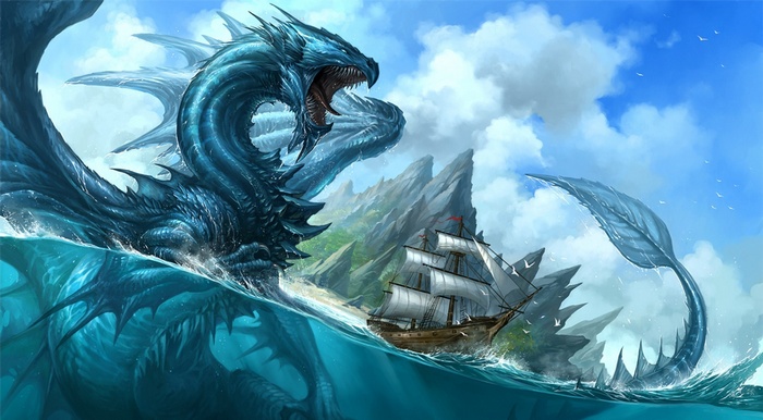 Fantasy art of a dragon attacking a ship