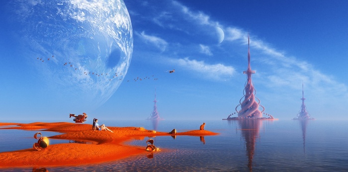 Alien landscape with futuristic towers and a large planet