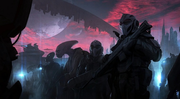 Alien soldiers and futuristic city under a red sky