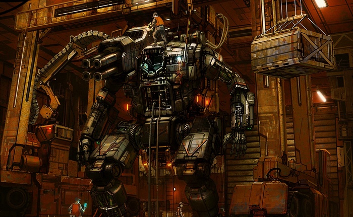 BattleMech in a futuristic industrial hangar