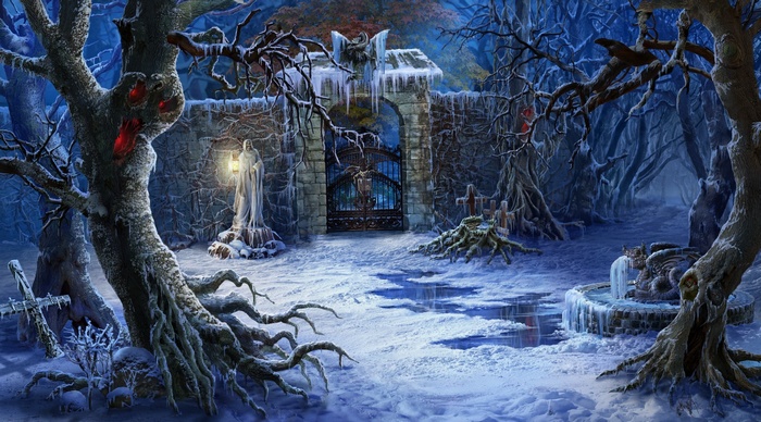 Fantasy art of a dark, snowy graveyard with a gate