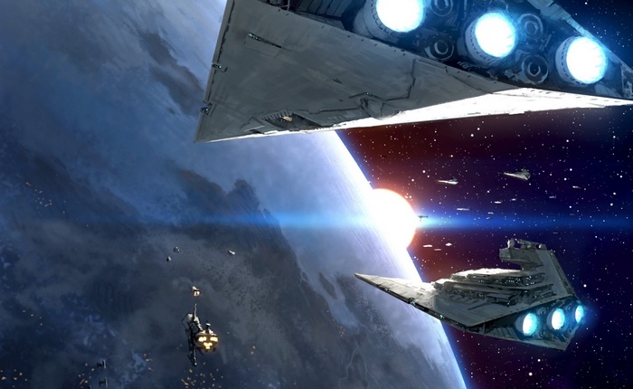 Star Wars Star Destroyer fleet above a planet