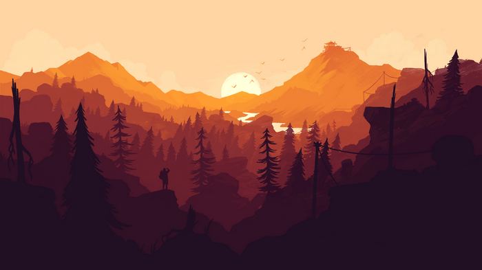 Firewatch style landscape with mountains and forest