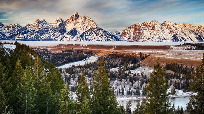 Snow-covered Teton Mountains and forest landscape