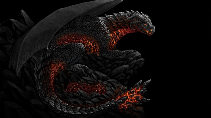 Black dragon with glowing orange cracks on rocks