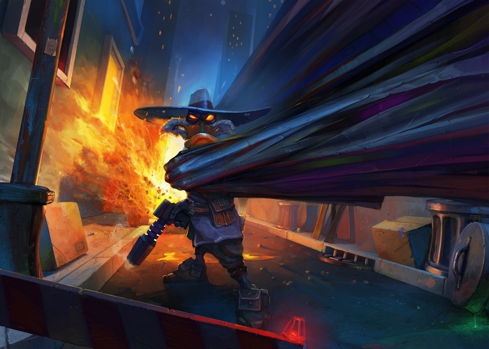 Darkwing Duck in a city alley with explosions