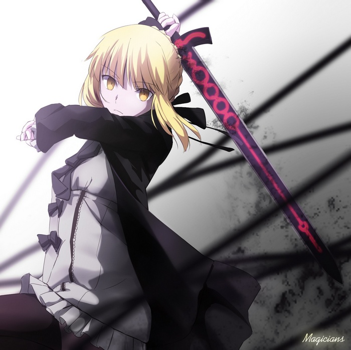 Saber Alter holding a dark sword