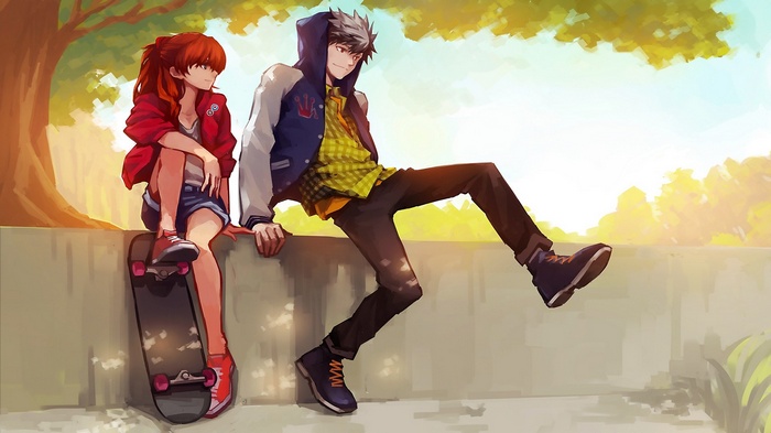 Asuka Langley Soryu and Kaworu Nagisa sitting outdoors