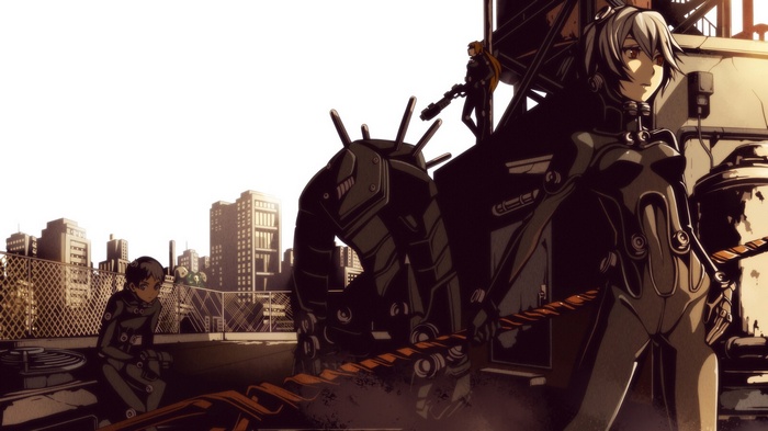 Gantz characters and mecha in a city