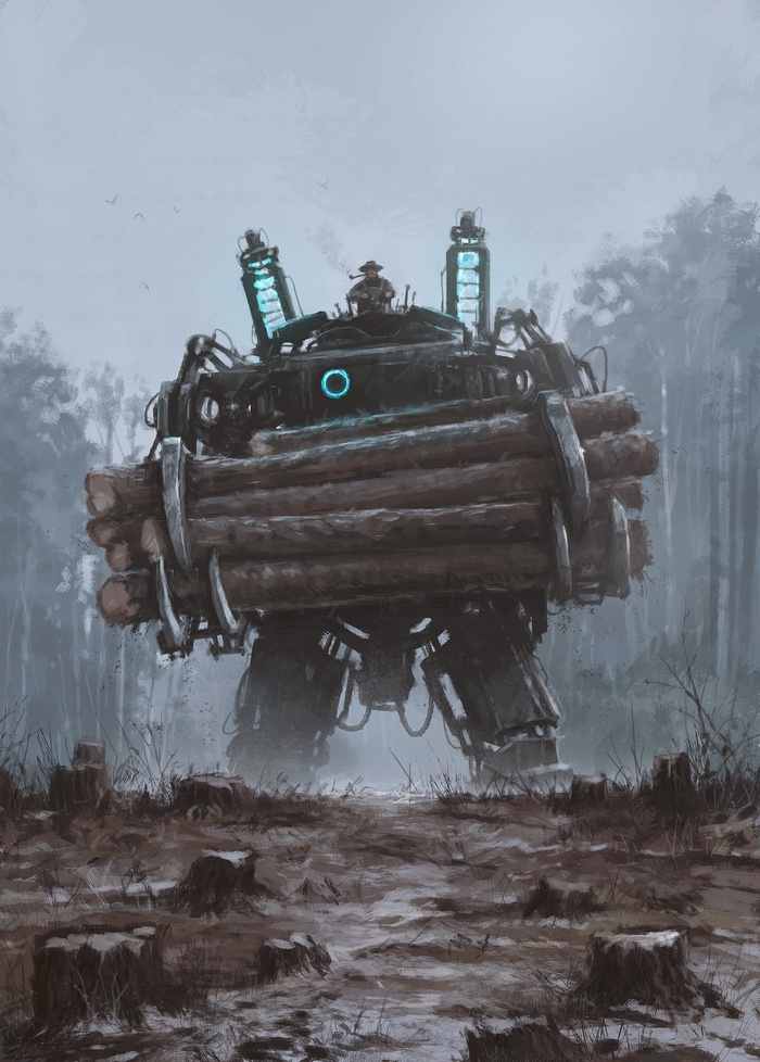 Jakub Różalski's mech carrying logs in a forest