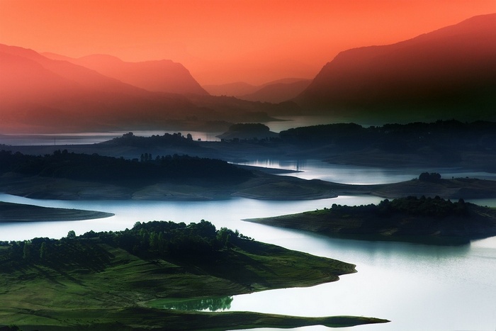 Misty mountains and lakes in Bosnia and Herzegovina at sunset