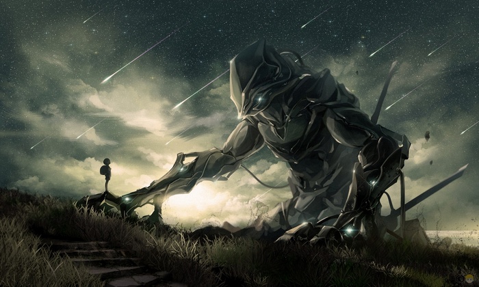Giant robot and child under shooting stars