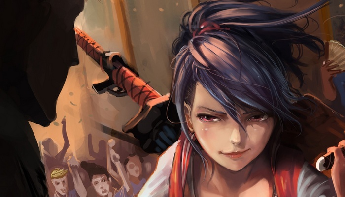 Anime girl with sword and fan in crowd