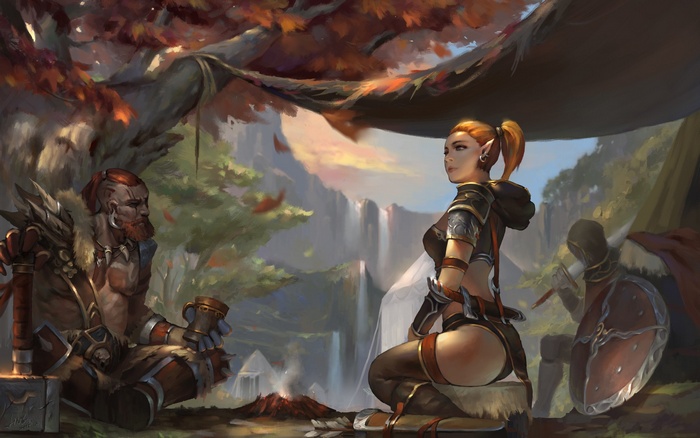 Fantasy art of warriors resting by waterfalls