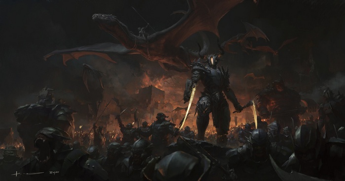 Fantasy battle with dragons and armored warriors