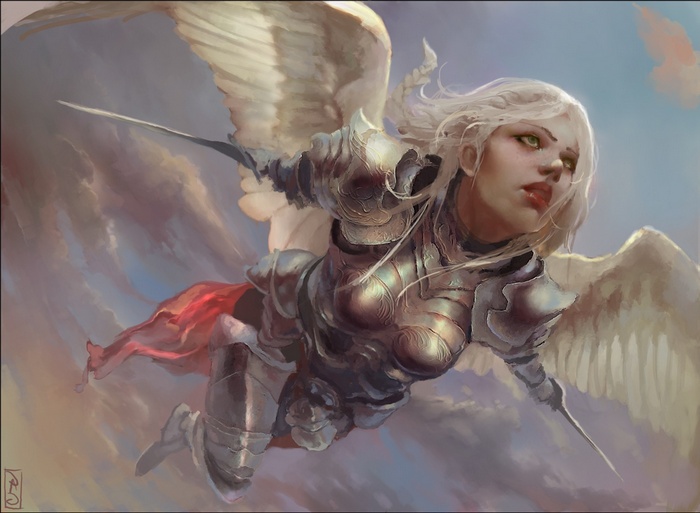 Angel warrior in ornate armor flying with swords