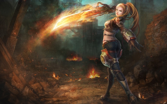 Fantasy warrior with flaming sword in ruins