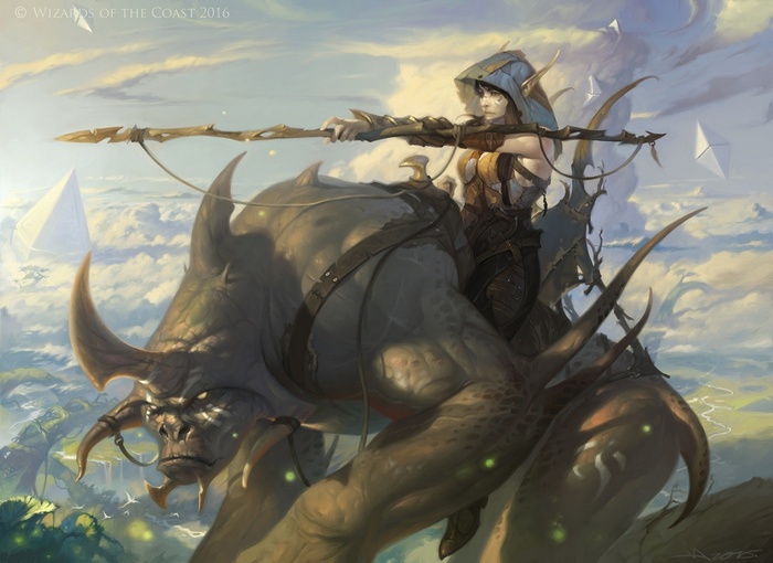 Elf riding a large beast with a spear