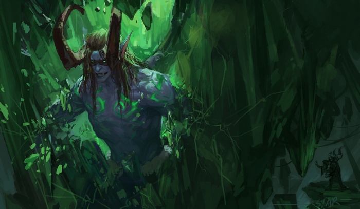 Illidan emerging from green foliage in World of Warcraft