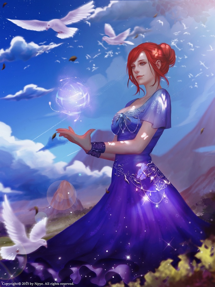 Fantasy art of a woman with red hair and a magic orb