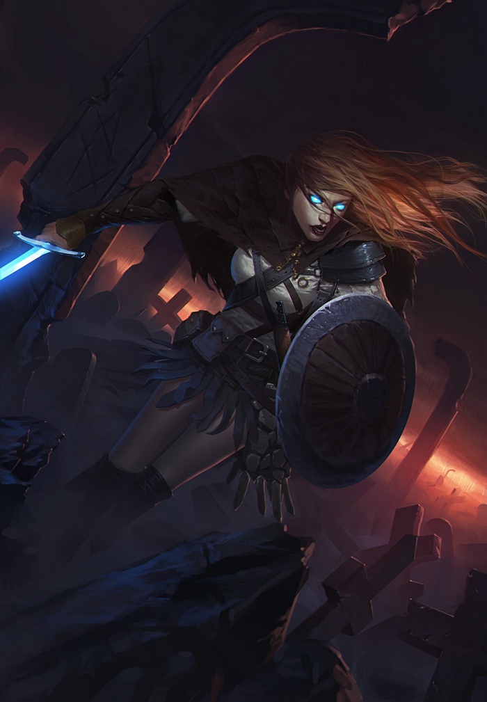 Fantasy warrior woman with glowing eyes and sword