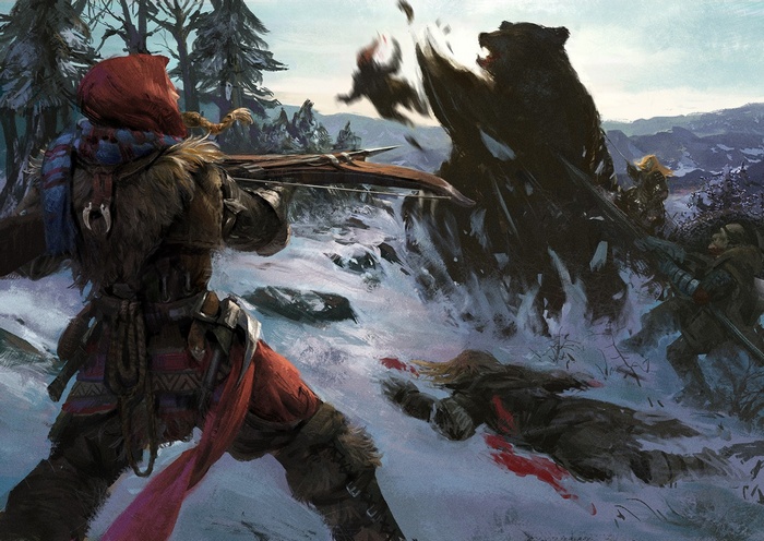 Fantasy art of a bear attack in winter with crossbows
