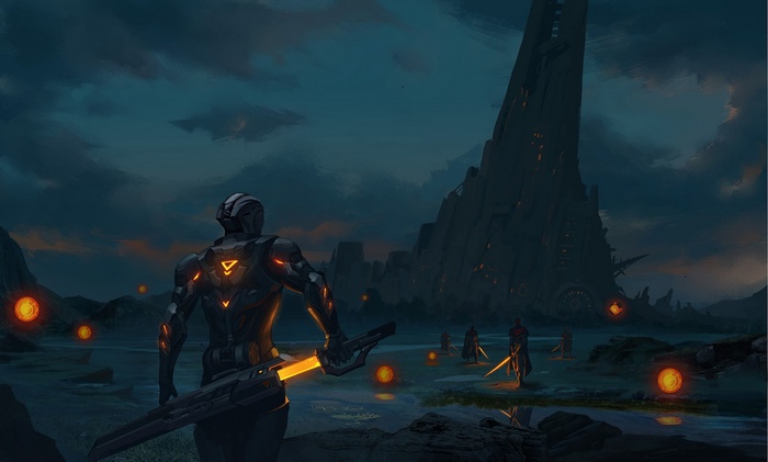 Sci-fi warriors with glowing swords near a tower
