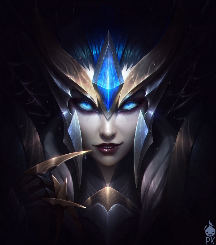 League of Legends character with blue eyes and armor