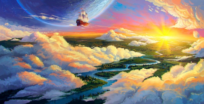 Fantasy art of a ship sailing through clouds
