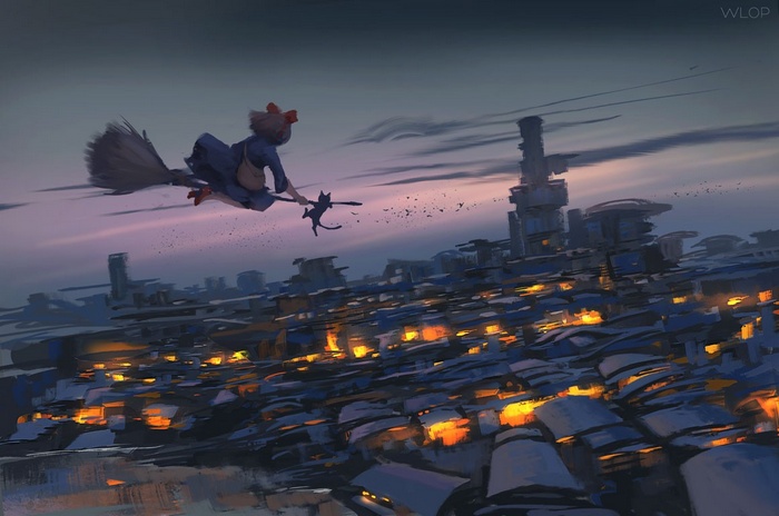 Kiki's Delivery Service girl flying over a city at dusk