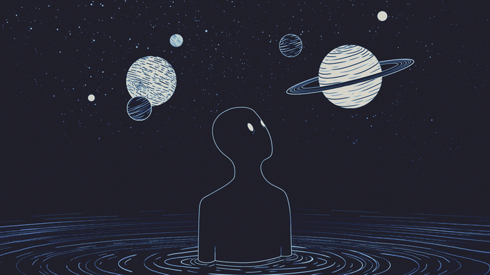 A figure in water looks up at planets in space