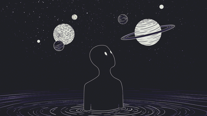 A silhouette figure looks up at planets in space