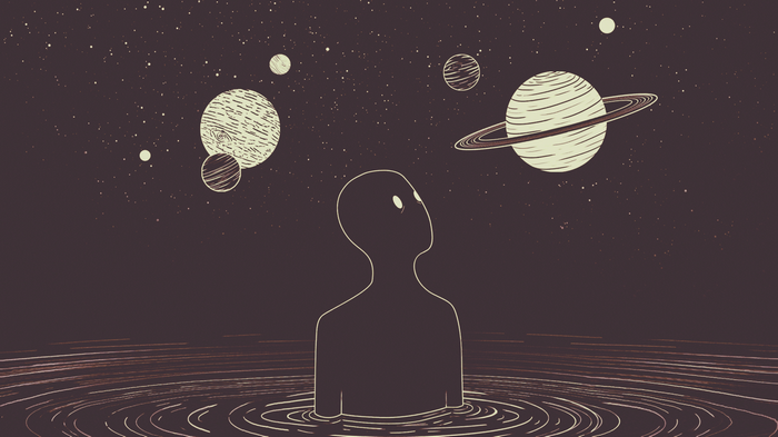 Figure in water looking at planets in space