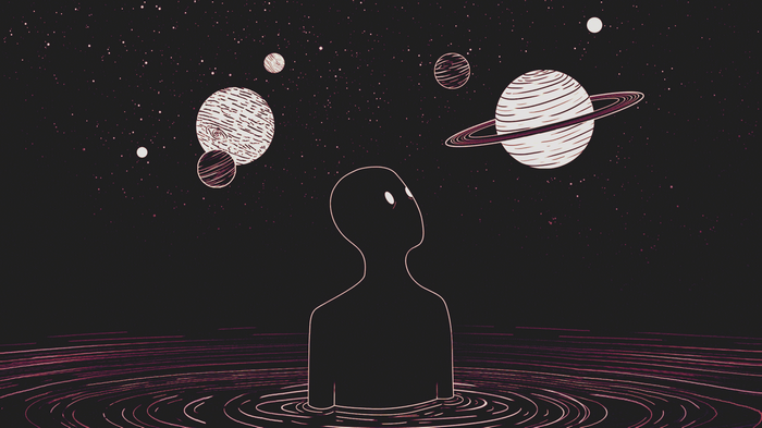 Silhouette figure looking at planets in space